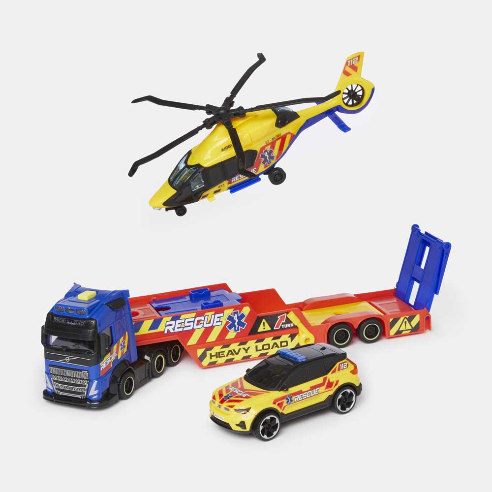 Toy rescue truck with trailer, car and helicopter.