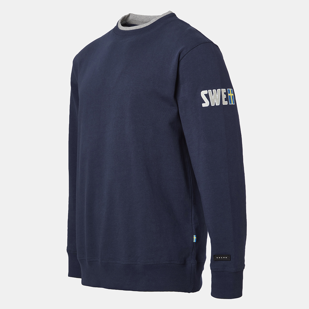 Navy Volvo sweatshirt with SWE and Swedish flag on the sleeve