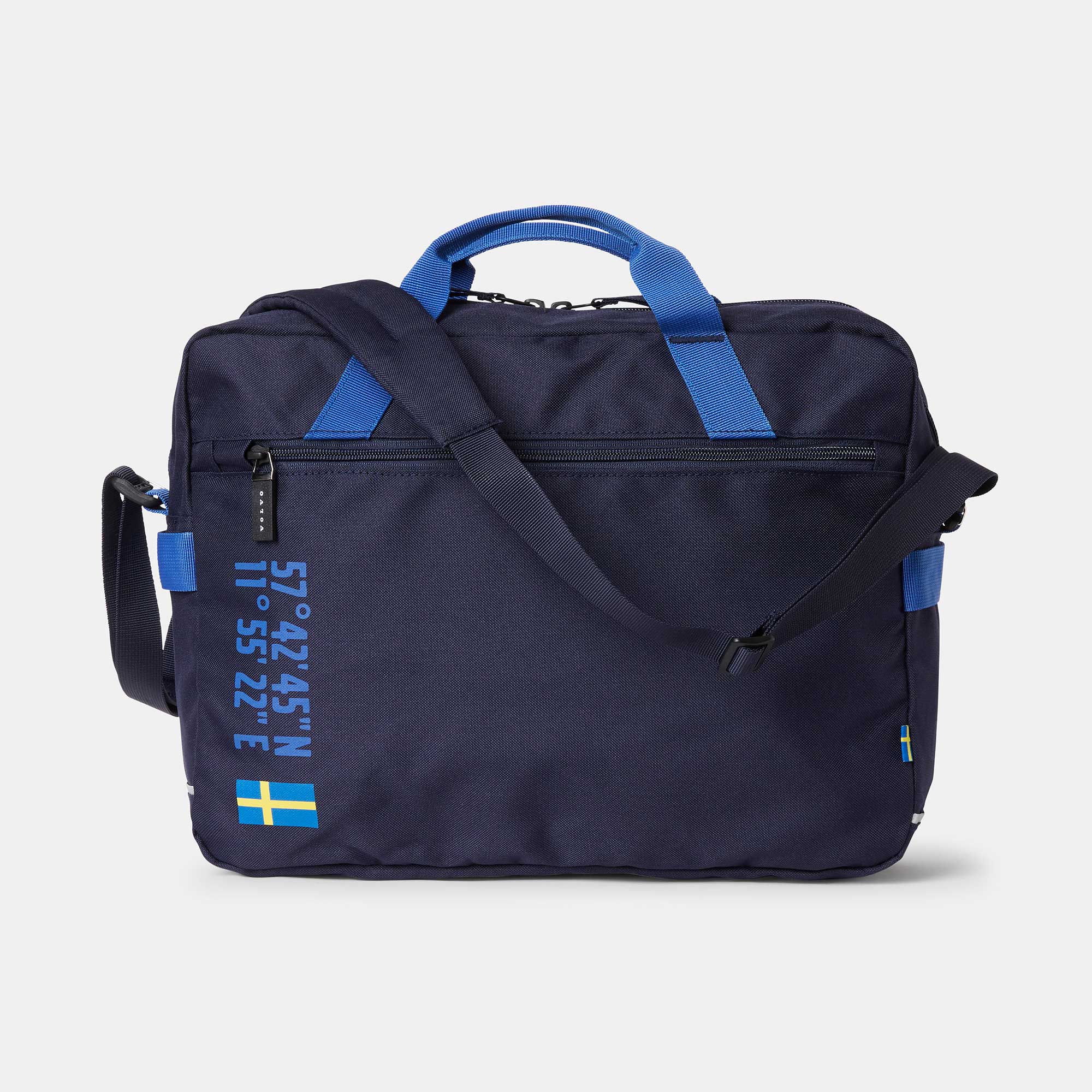 Blue messenger bag with Volvo headquarter coordinates and Swedish flag print
