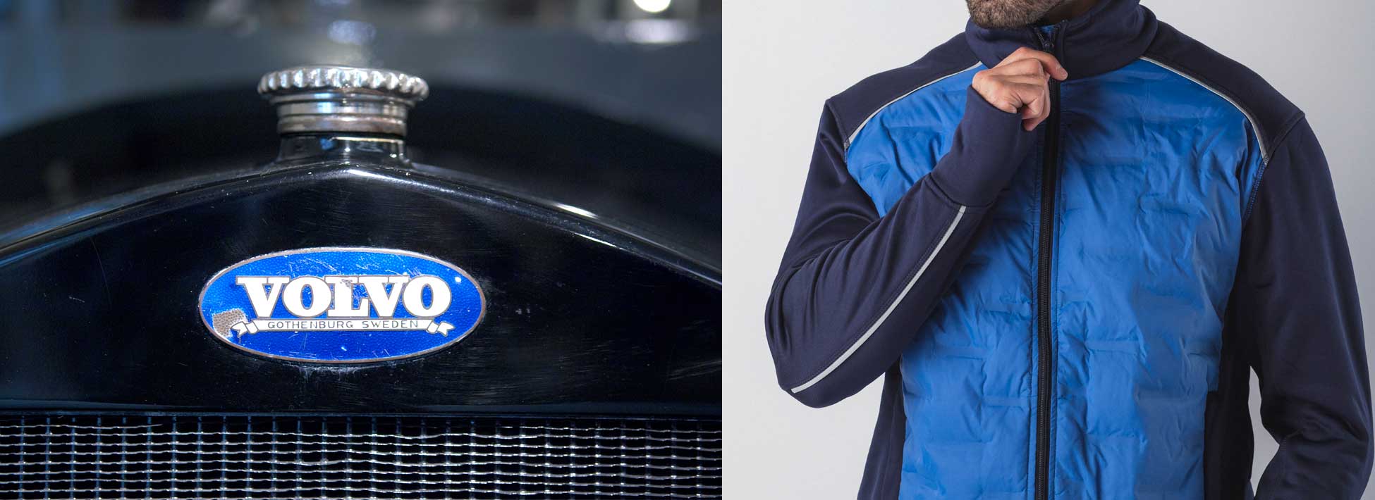 Vintage Volvo badge and man zipping blue jacket