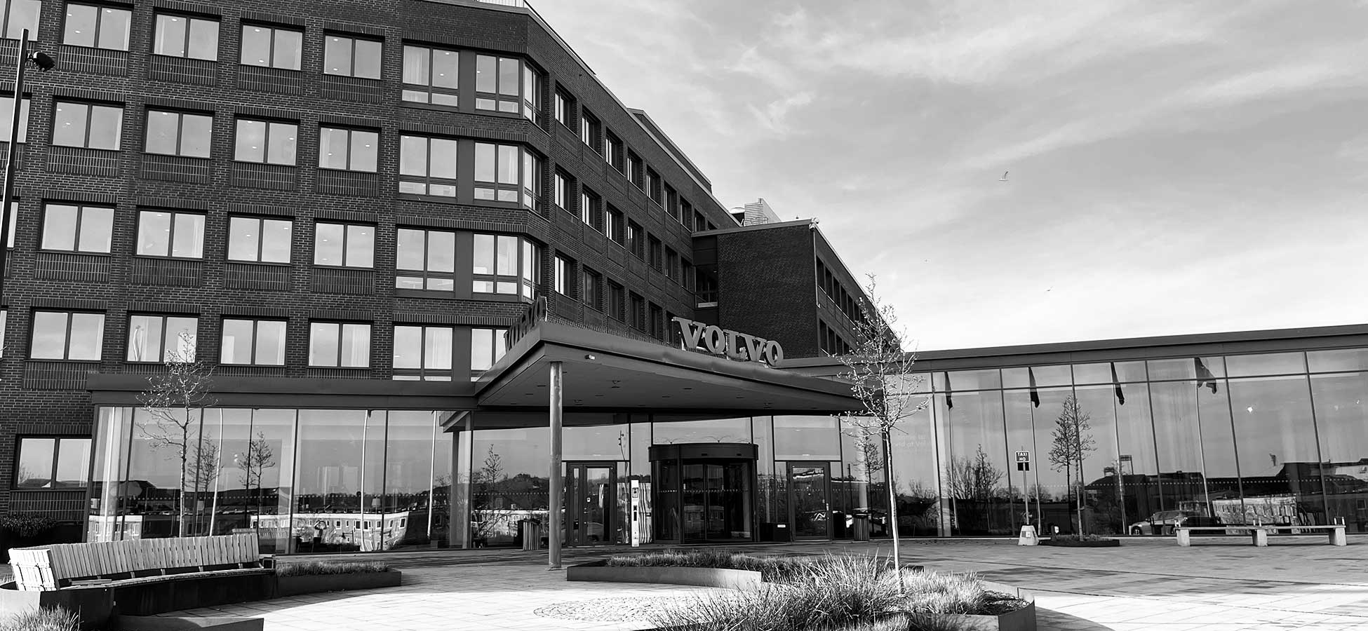 Black and white image of Volvo Group headquarter in Gothenburg